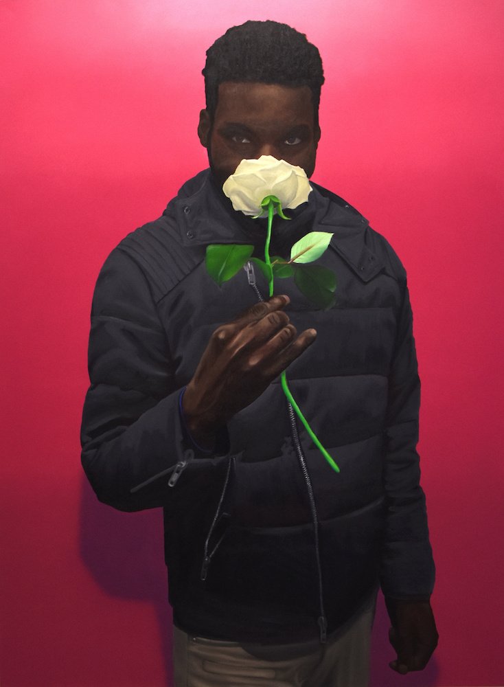            Gaétan VaguelsyLes Princes de la ville, Homme à la roseAérosol et huile sur toile, 190 x 140 cm, 2018